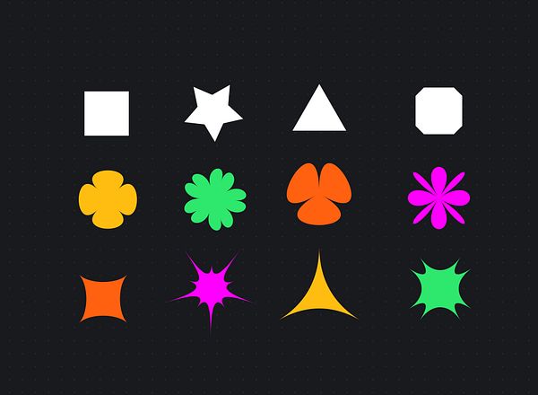 A collection of various colorful shapes displayed on a dark background.