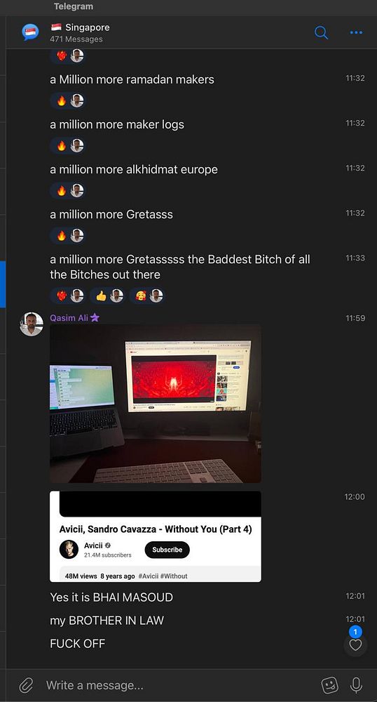A Telegram chat interface displaying messages related to a community discussion, with a video playing on a computer screen.