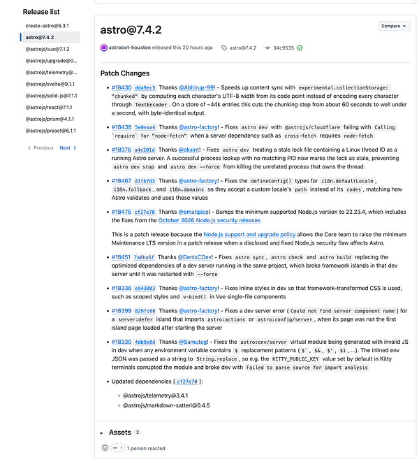 Screenshot of the release notes for astro@7.4.2 showing patch changes and fixes related to Node.js and other issues.