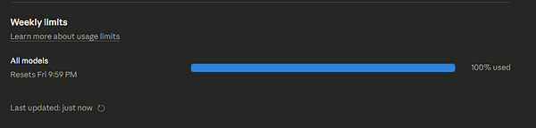 Screenshot of a web interface showing an error message about reaching Claude's weekly limit, with options for subscription and user details.