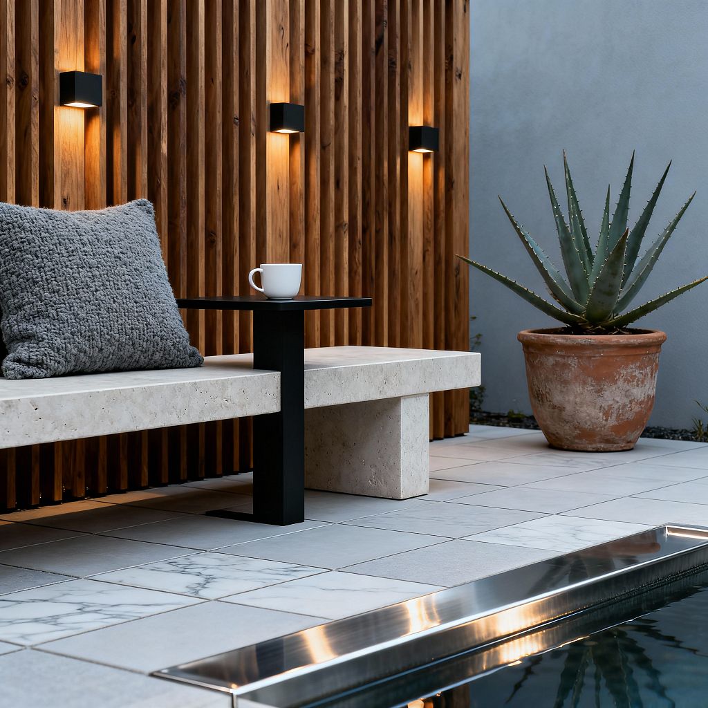 A modern patio features a light beige travertine bench topped with a chunky gray knit pillow and a slim black metal side table holding a white cup. Behind it, a vertical cedar slat screen is illuminated by three black wall sconces, casting warm light. To the right, a large agave sits in a weathered terracotta pot beside a smooth gray plaster wall. Pale gray porcelain pavers and a stainless-edged pool complete the serene setting.