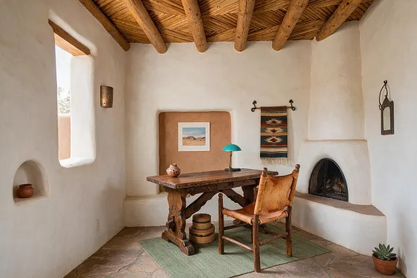 A small Southwestern-style backyard room with smooth white adobe walls, exposed wooden ceiling beams, and a rustic carved wood desk on a woven rug. The space includes a leather chair, a kiva-style fireplace, a turquoise table lamp, woven wall textile, and terracotta accents.