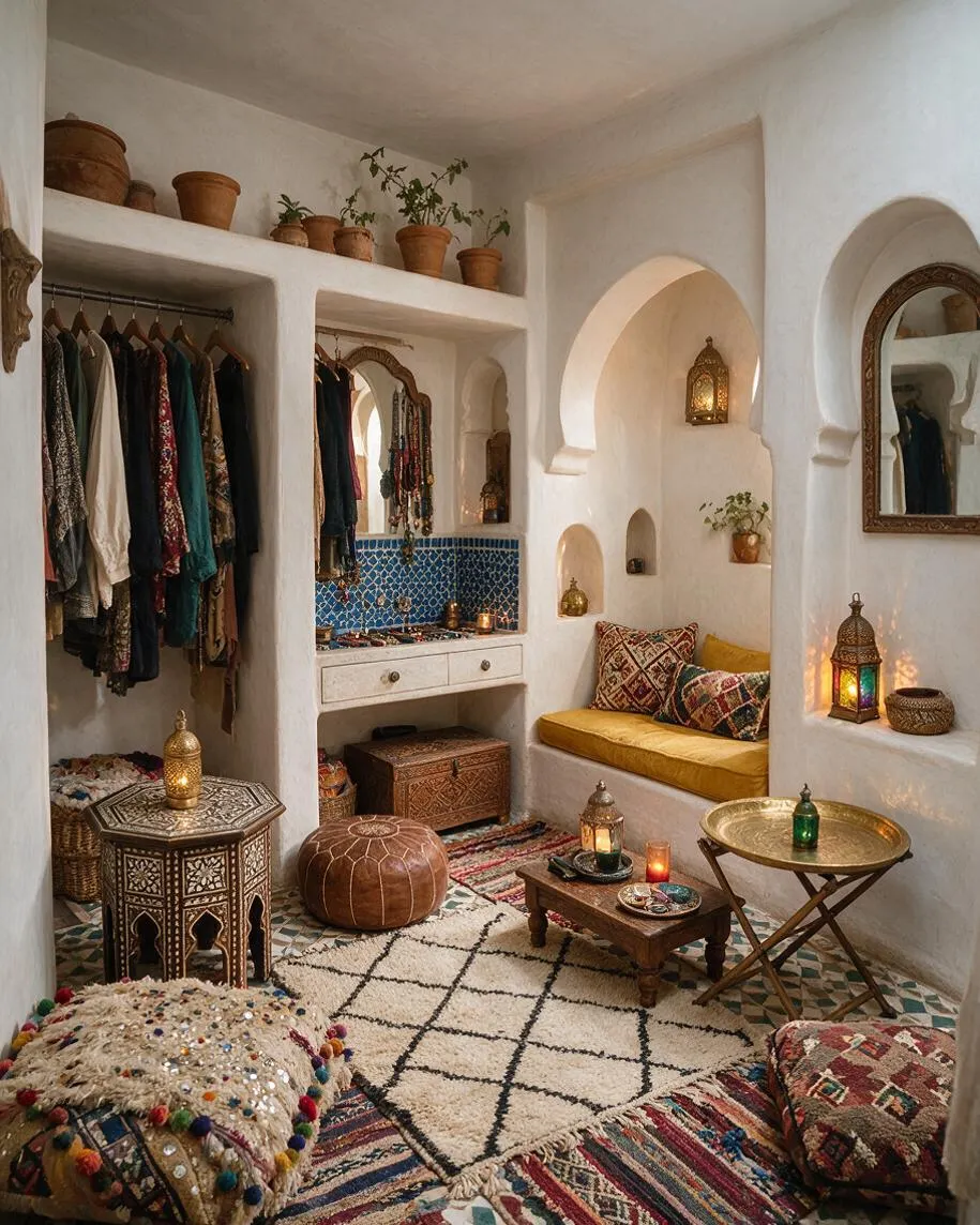 A cozy Moroccan-style closet with white plaster walls, arched alcoves, hanging clothes, and built-in shelving. The room includes patterned rugs, colorful cushions, brass lanterns, terracotta pots, a blue tile backsplash, and carved wooden tables, creating a warm and eclectic atmosphere.