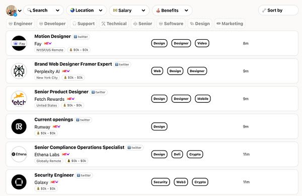 The image displays a job listing interface with various remote job opportunities in design and tech fields.