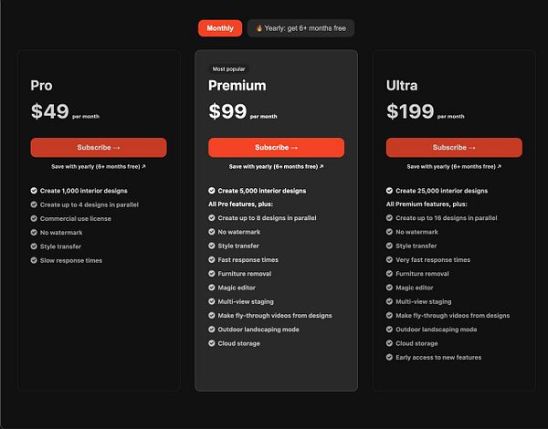 The image displays a pricing table for three subscription tiers of an interior design software.