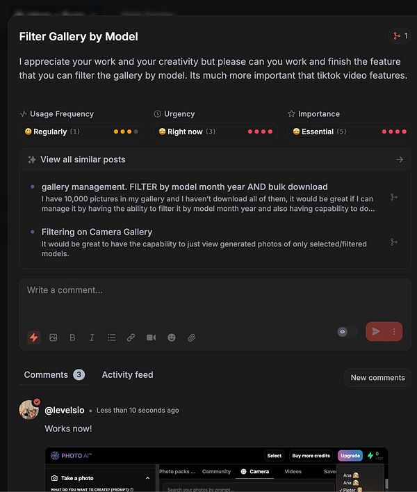 Screenshot of a gallery interface showing various photos with filtering options and model names displayed.