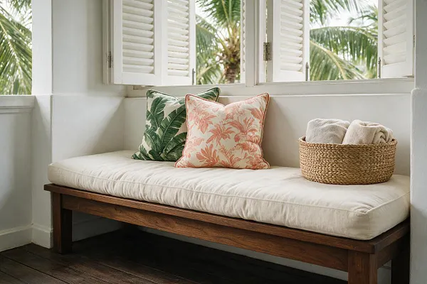 A sunlit tropical-style window seat with white shutters, a wooden bench with a cream cushion, two patterned throw pillows in green leaf and coral palm motifs, and a woven basket holding folded towels. Palm trees are visible outside, reinforcing the airy resort-like feel.