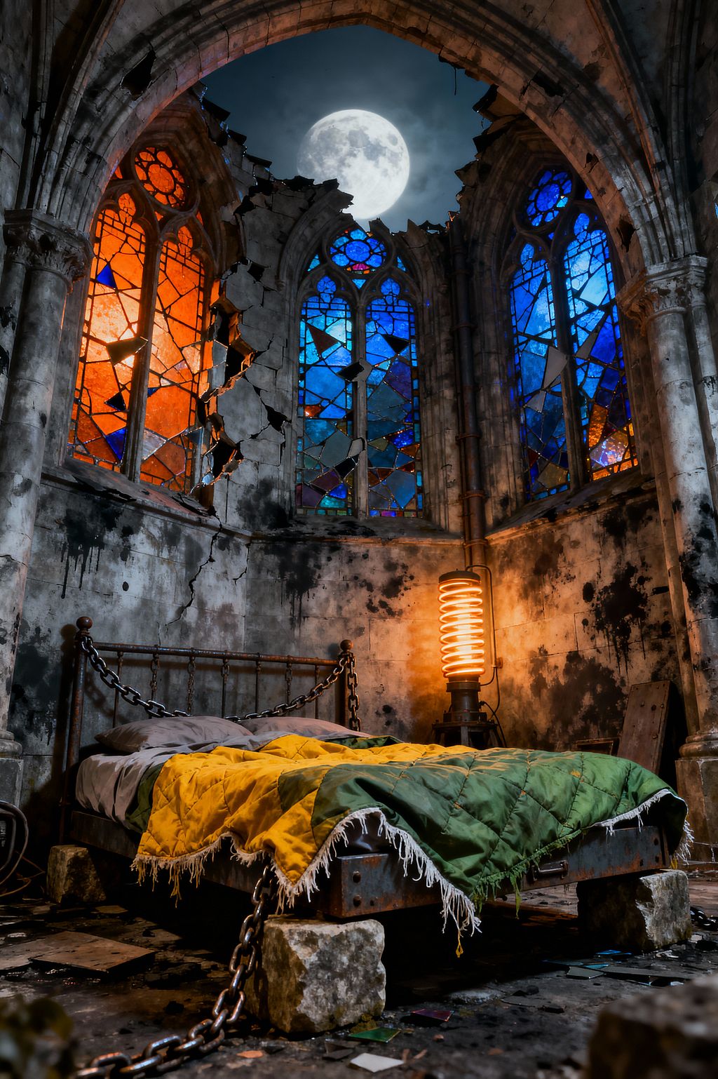 A makeshift bedroom occupies a crumbling Gothic apse with tall arched stained-glass windows missing many panes in orange and blue. A rusted metal bed sits on stone blocks, wrapped with heavy chains, and dressed with gray pillows and a frayed green-and-yellow quilt. An industrial spiral-coil lamp glows warm amber, lighting cracked, soot-stained plaster walls and fallen glass on the floor, while a bright full moon is visible through the broken tracery above.