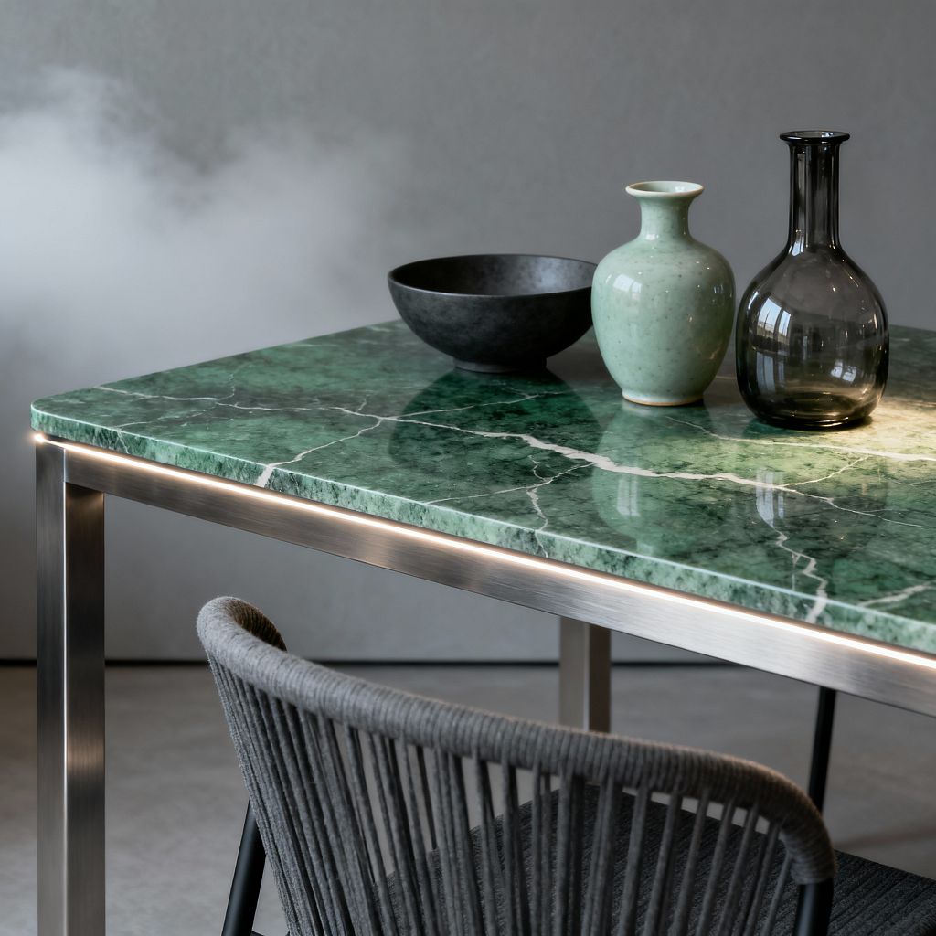 Close-up of a modern dining setup featuring an emerald green marble tabletop with white veining on a brushed stainless-steel frame illuminated by a slim LED strip under the edge. A gray rope-woven dining chair is partially visible, and the tabletop holds a matte black bowl, a pale celadon ceramic vase, and a smoky glass vessel; a soft gray wall and diffused light create a calm, minimalist atmosphere.