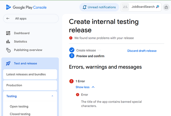 The image displays a Google Play Console interface indicating issues with an app release.