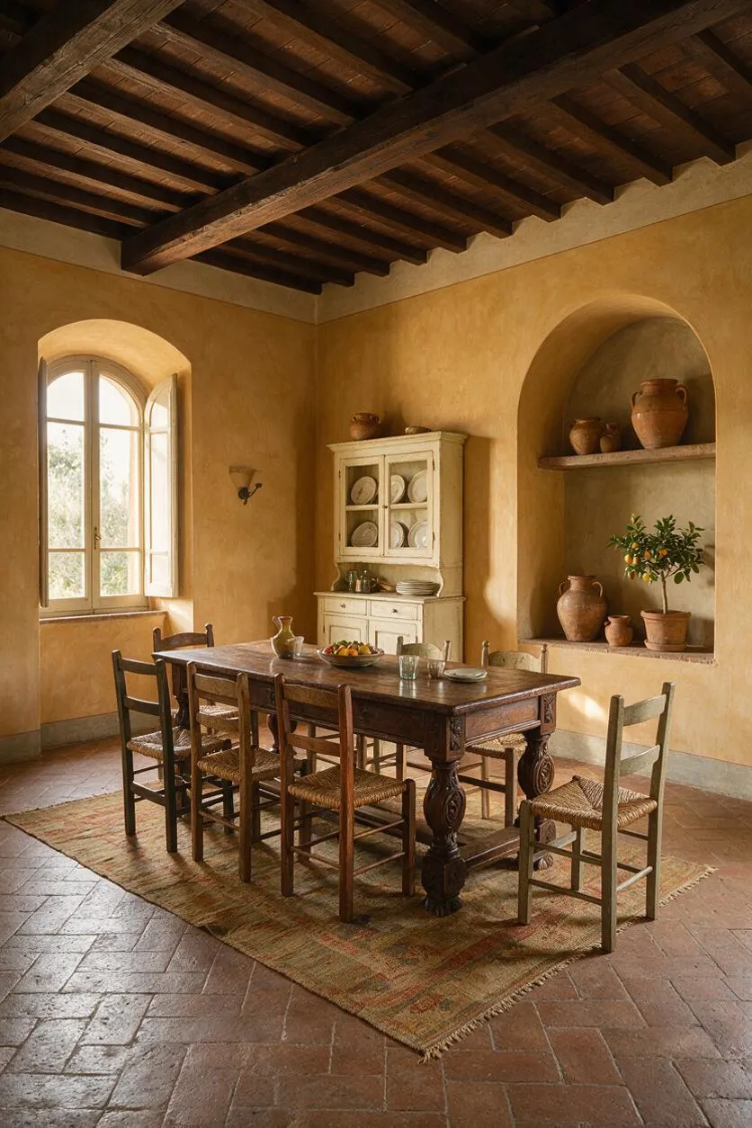 A warm Mediterranean dining room with a dark wooden table surrounded by mixed wooden chairs and woven seats. The space features terracotta floor tiles, textured ochre plaster walls, arched niches with pottery, an antique cream cabinet, and a window bringing in soft natural light.