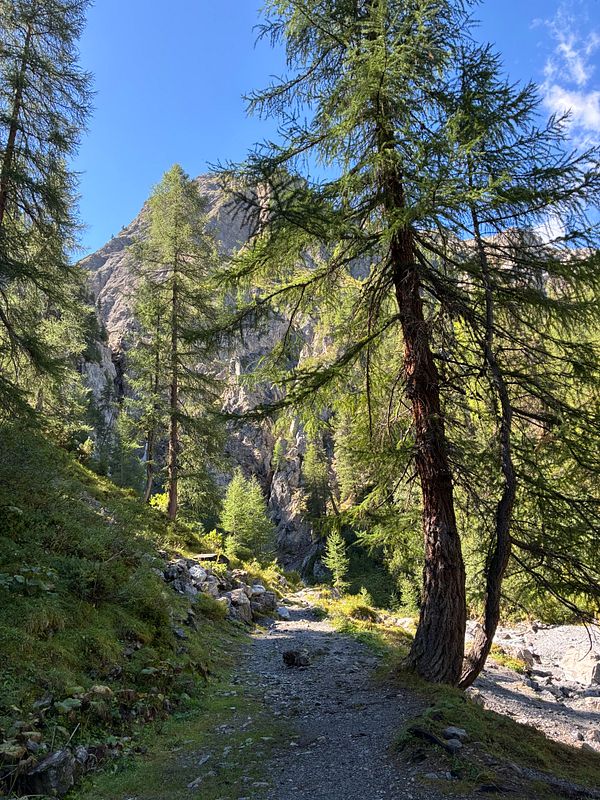 Scenic mountain landscape with a waterfall amid rocky terrain and greenery around Davos.