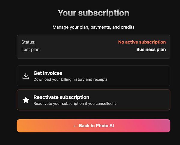 The image displays a subscription management interface with options related to billing and account status.