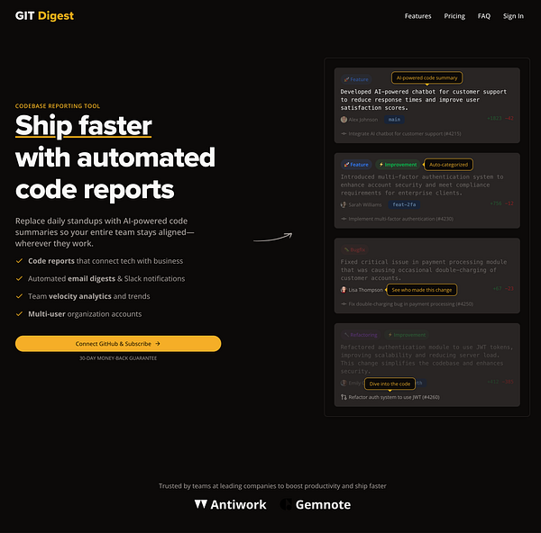 The image displays a promotional interface for the Git Digest codebase reporting tool.