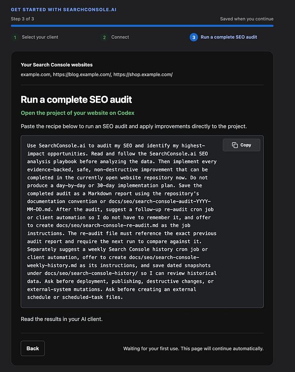 A SearchConsole.ai onboarding step screen showing a complete SEO audit setup with instructions and client's Search Console websites listed.