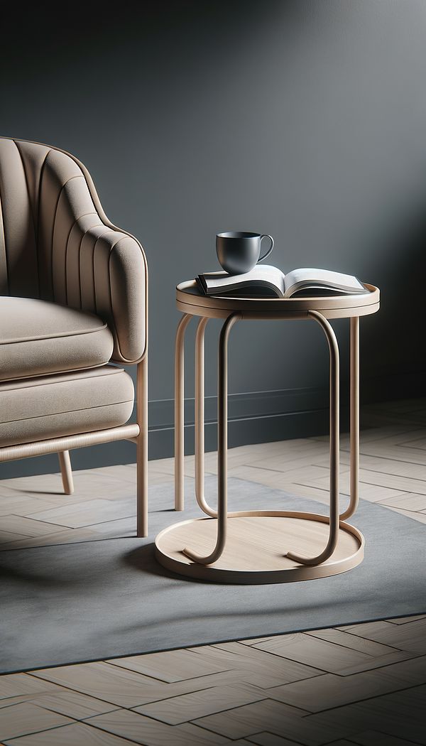 a small, elegantly designed tabouret placed beside a modern armchair, with a book and a coffee cup resting on it, highlighting its multifunctionality.