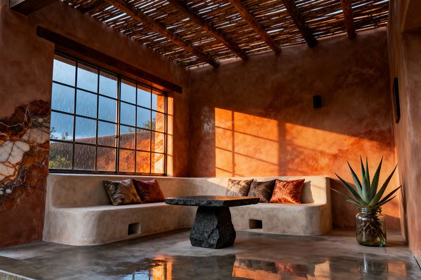 A Southwestern living room with terracotta plaster walls and a slatted wood ceiling casting striped shadows. A built-in plaster banquette curves beneath a large steel-framed window, facing a low rough black stone table on a polished concrete floor. Patterned rust and charcoal cushions line the seat, a banded onyx accent appears on the left wall, and an agave plant sits in a glass jar near the corner, creating an earthy, handcrafted feel.