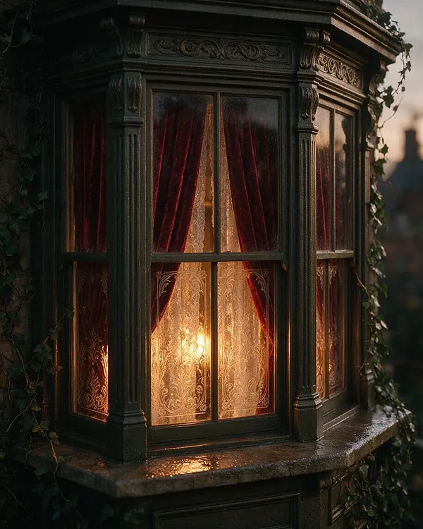 A Victorian-style exterior bay window with dark painted wood trim, carved decorative molding, and etched glass panels. Deep burgundy curtains and warm interior light glow behind the panes, while ivy climbs around the frame and a stone sill catches the light.