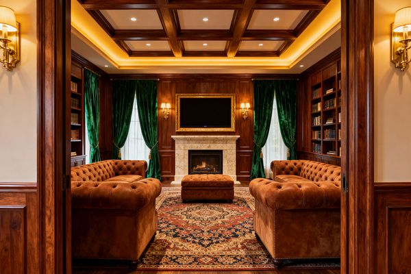 Traditional media room with rich wood paneling and a coffered ceiling, centered on a marble fireplace with a wall-mounted TV in a gilded frame. Two cognac leather Chesterfield sofas and a matching ottoman sit on a red and navy oriental rug between built-in bookcases, with emerald velvet drapes, brass sconces, recessed downlights, and warm cove lighting creating an intimate, library-like atmosphere.