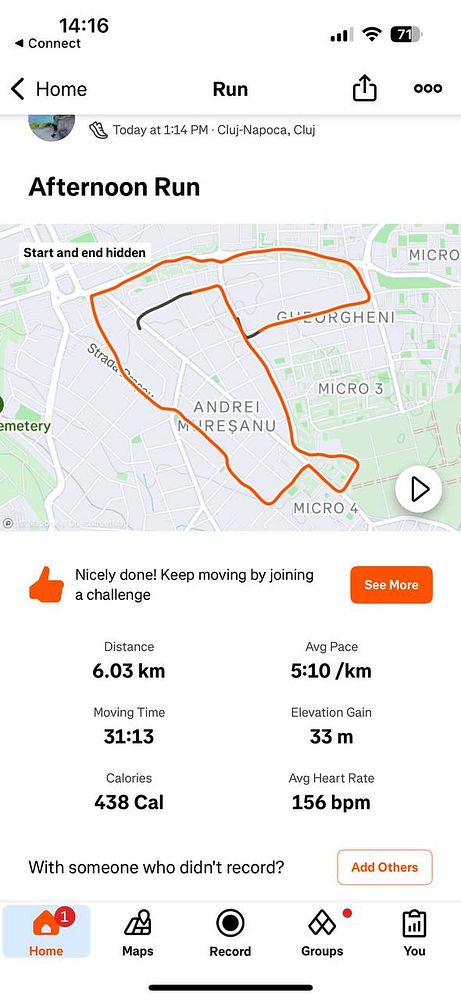 A detailed running activity summary displayed on a mobile app interface.
