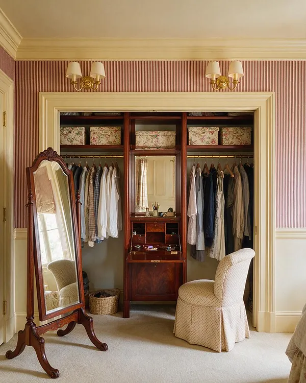 A traditional closet with built-in open wardrobes in dark wood, a central vanity with mirror and drawers, and floral storage boxes on the top shelves. A tall freestanding mirror, upholstered chair, striped wallpaper, brass wall sconces, and cream trim create a refined, classic atmosphere.