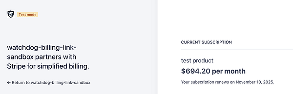 The image displays a billing portal interface showing subscription details and a test mode notification.