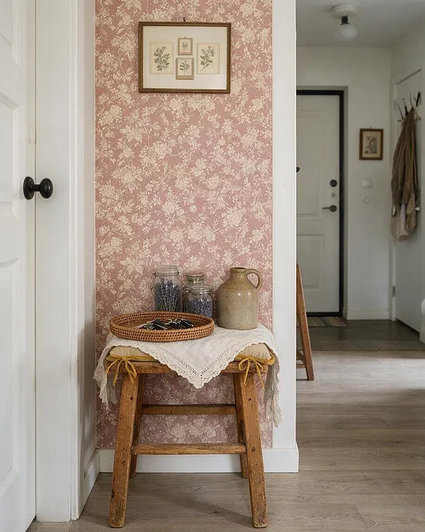 A cottagecore entryway with pink floral wallpaper, a small rustic wooden stool draped in lace, and styled with a woven tray, glass jars, and a ceramic jug. White trim, light wood flooring, and framed botanical art complete the soft vintage look.