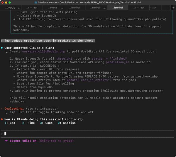The image displays a terminal interface showing a script for polling an API related to 3D model jobs.
