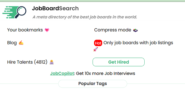 The image displays a user interface for JobBoardSearch, showcasing various features and links.