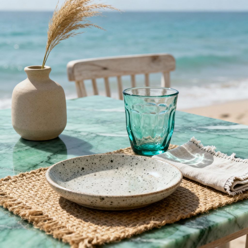 Close-up of a coastal dining setup on a polished green marble table overlooking the beach. A woven jute placemat holds a speckled stoneware plate beside an aqua glass tumbler and a fringed beige linen napkin. A small sand-colored ceramic vase with a single dried pampas stem adds height, while a light, weathered wood chair and blue-green ocean waves create a bright, breezy backdrop with sunlight reflecting across the surfaces.