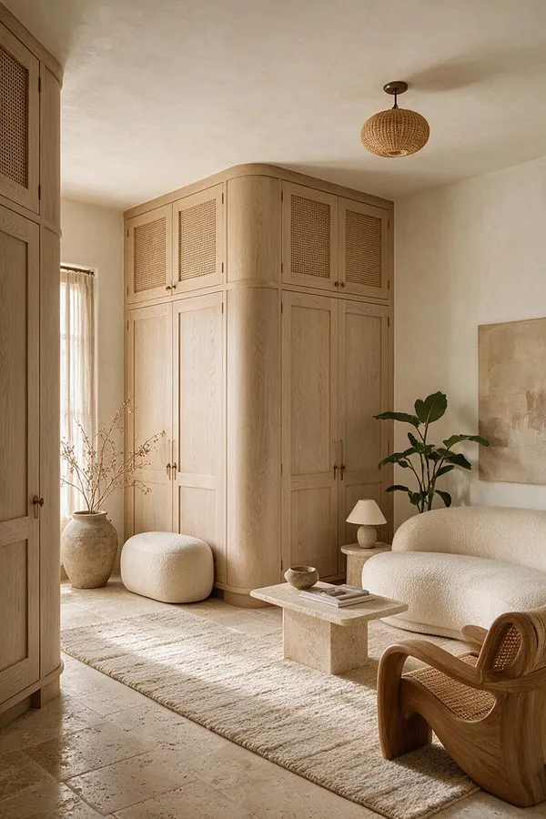 A serene organic modern closet room with built-in light oak wardrobes, cane-front cabinet panels, and rounded corners. The space includes a textured cream sofa, a stone coffee table, a woven pendant light, a large vase of branches, and neutral rugs and seating in soft beige tones.