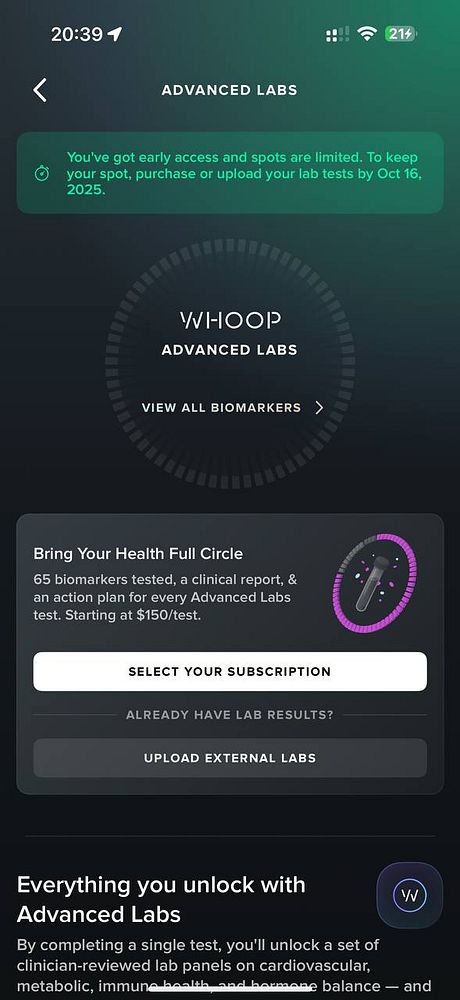 The image displays the Advanced Labs interface of the Whoop app, highlighting features related to health biomarker testing.