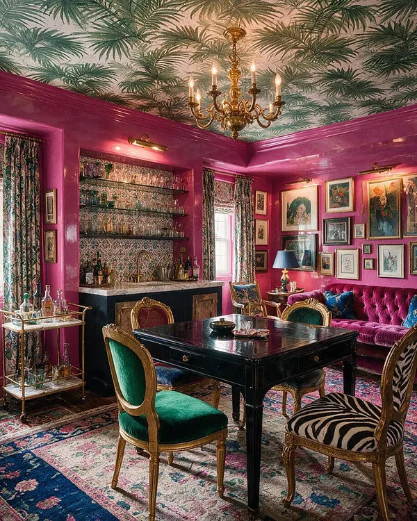 A dramatic basement lounge filled with jewel tones and layered patterns, featuring magenta walls, a palm-print ceiling wallpaper, a gold chandelier, and a black central table. Velvet seating, zebra upholstery, framed artwork, mirrored bar shelving, and patterned curtains create a richly decorated maximalist space.
