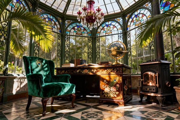 A Victorian-style home office set in a glass conservatory features arched stained-glass windows under an iron-framed dome, an emerald velvet wingback chair, and an ebonized desk decorated with gilded floral and peacock inlay, topped with books and a brass armillary globe. A ruby-glass chandelier hangs overhead, while a black cast-iron stove with copper trim, geometric green-and-cream encaustic tiles, and tropical palms complete the sunlit, richly detailed setting.