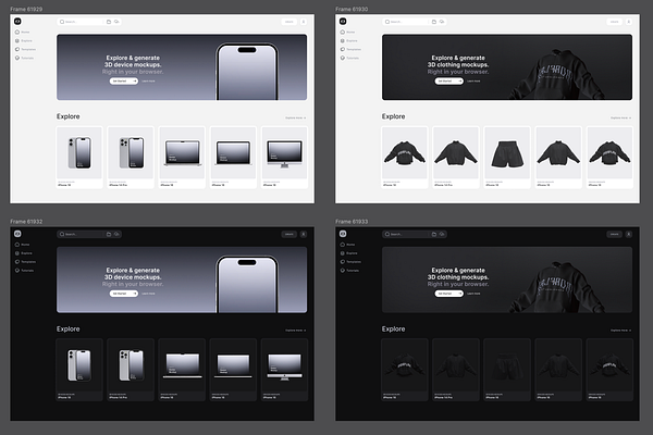 The image displays a comparison of a web interface in light and dark modes for a mockup generation tool.