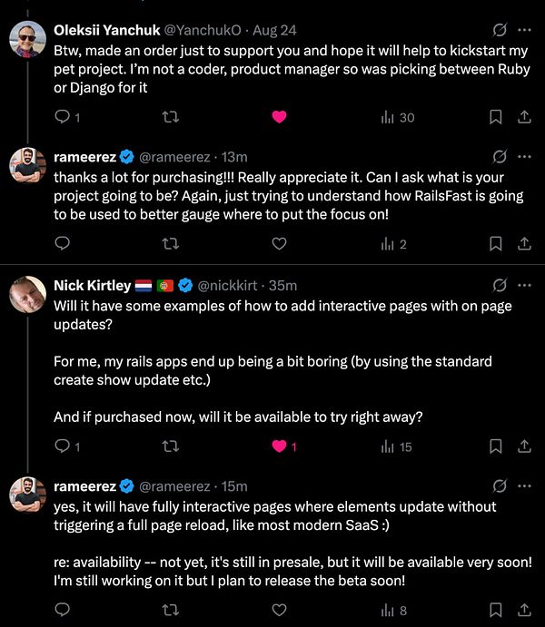 A Twitter conversation discussing a project related to RailsFast and customer support inquiries.
