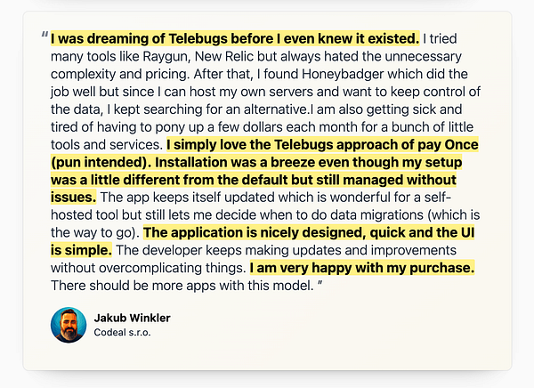 A glowing customer testimonial for Telebugs highlights its simplicity and effectiveness.