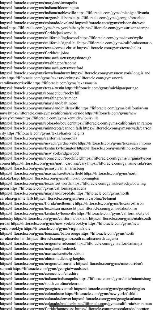 The image displays a long list of URLs for gym locations across various states and cities.