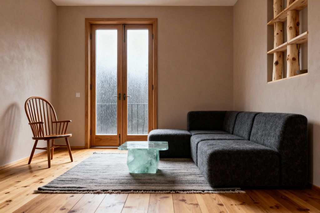 A minimalist Scandinavian living room with knotty wood floors and warm beige plaster walls. An L-shaped charcoal-gray modular sofa sits on a soft gray striped flatweave rug, paired with a sculptural, translucent green cast-glass coffee table. To the left, a Windsor-style wooden chair faces tall French doors framed in natural wood with textured glass that diffuses daylight. A recessed wall niche displays peeled log posts with simple wooden shelves, creating a warm, neutral space defined by natural materials and clean lines.