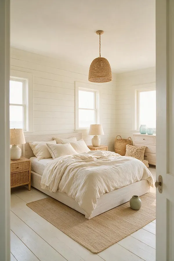 A serene coastal master bedroom with a white bed dressed in soft cream bedding, wicker nightstands, a woven pendant light, and pale wood floors. White shiplap walls, simple windows, and a light jute rug create a bright, airy, relaxed atmosphere.