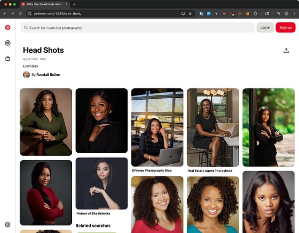 The image displays a Pinterest page featuring various headshot photography examples.