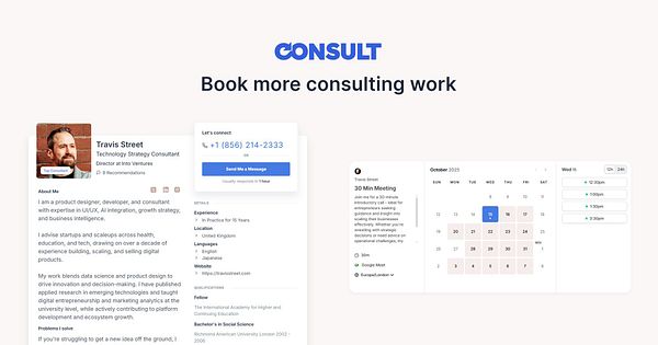 The image features a professional profile for a technology strategy consultant along with a scheduling interface for booking meetings.