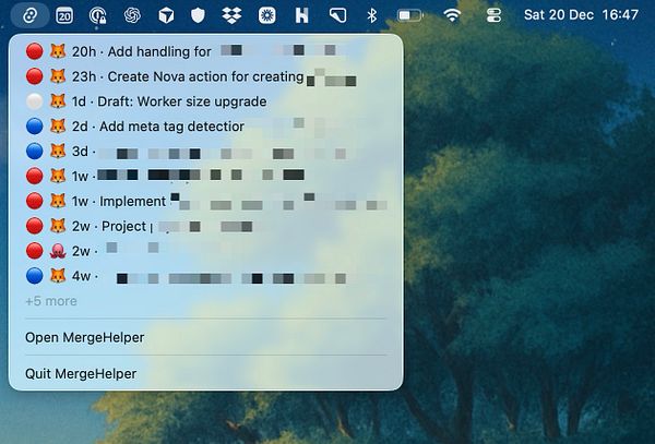 A task management interface displaying various coding tasks related to a GitLab/GitHub PR app.