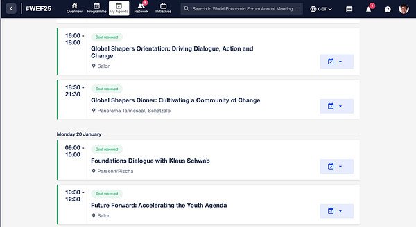The image displays a schedule of events for the World Economic Forum, highlighting reserved seats for various sessions.