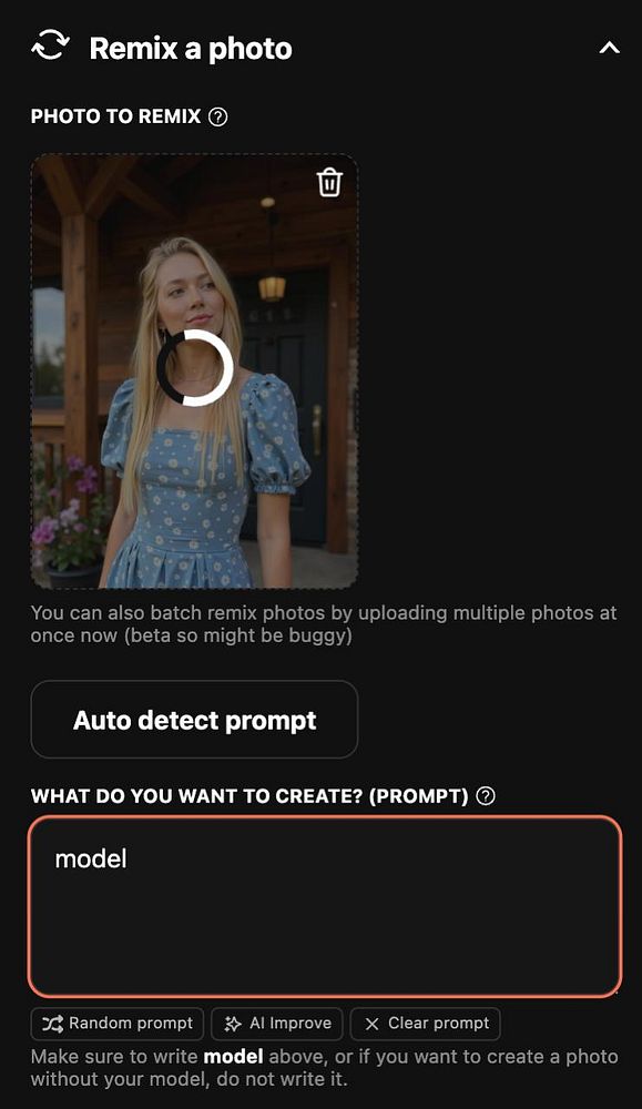 The image displays a user interface for a photo remixing tool featuring a model in a blue dress.