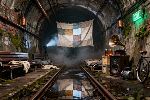 A derelict train tunnel is styled as a media room with a patchwork fabric screen suspended above rail tracks and reflective puddles, while a spotlight projector beams through fog toward the screen, flanked by pallet beds with gray bedding, wool throws, and wooden benches. Moss-covered concrete and brick walls with copper pipes and a glowing green exit sign set the backdrop, as a brass gramophone, stacked crates with jars, and a bicycle complete the salvaged, post-apocalyptic scene.