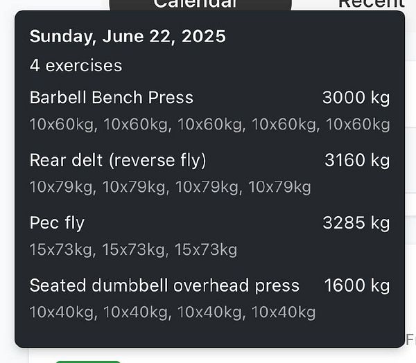 A workout schedule for June 22, 2025, detailing four exercises with their respective weights and repetitions.