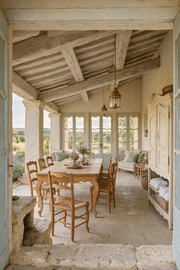 A covered French Country front porch with a long rustic wooden dining table, woven rush chairs, and soft upholstered seating. Weathered beams, stone flooring, pale blue French doors, and brass lantern pendants create a warm, relaxed outdoor room overlooking the landscape.