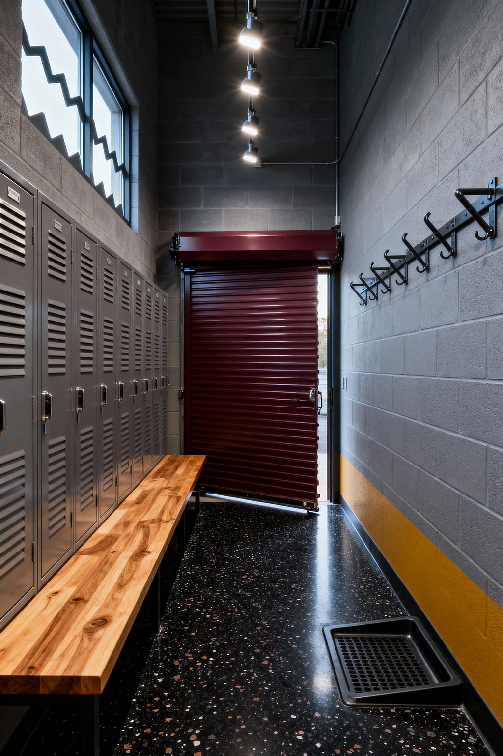 A compact industrial mudroom features a row of gunmetal steel lockers with chrome pulls, a long maple butcher-block bench, and black speckled terrazzo flooring with a recessed boot tray. Charcoal concrete-block walls include a mustard band and a linear rack of black metal hooks. Overhead, exposed conduits and track lights lead toward a deep burgundy corrugated roll-up door beside a narrow glazed opening, while a high window with zigzag mullions brings in daylight.