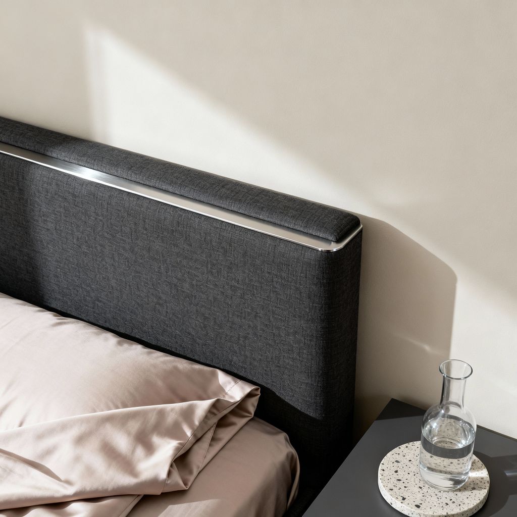 A close-up of a minimalist bedroom corner showing a dark charcoal upholstered headboard with a slim polished metal trim along the top, set against a warm off-white wall. Soft blush-taupe sheets drape neatly over the mattress. Beside the bed, a matte graphite nightstand holds a clear glass carafe resting on a round terrazzo coaster. Natural daylight streams in from the left, casting crisp geometric shadows that emphasize clean lines and uncluttered surfaces.